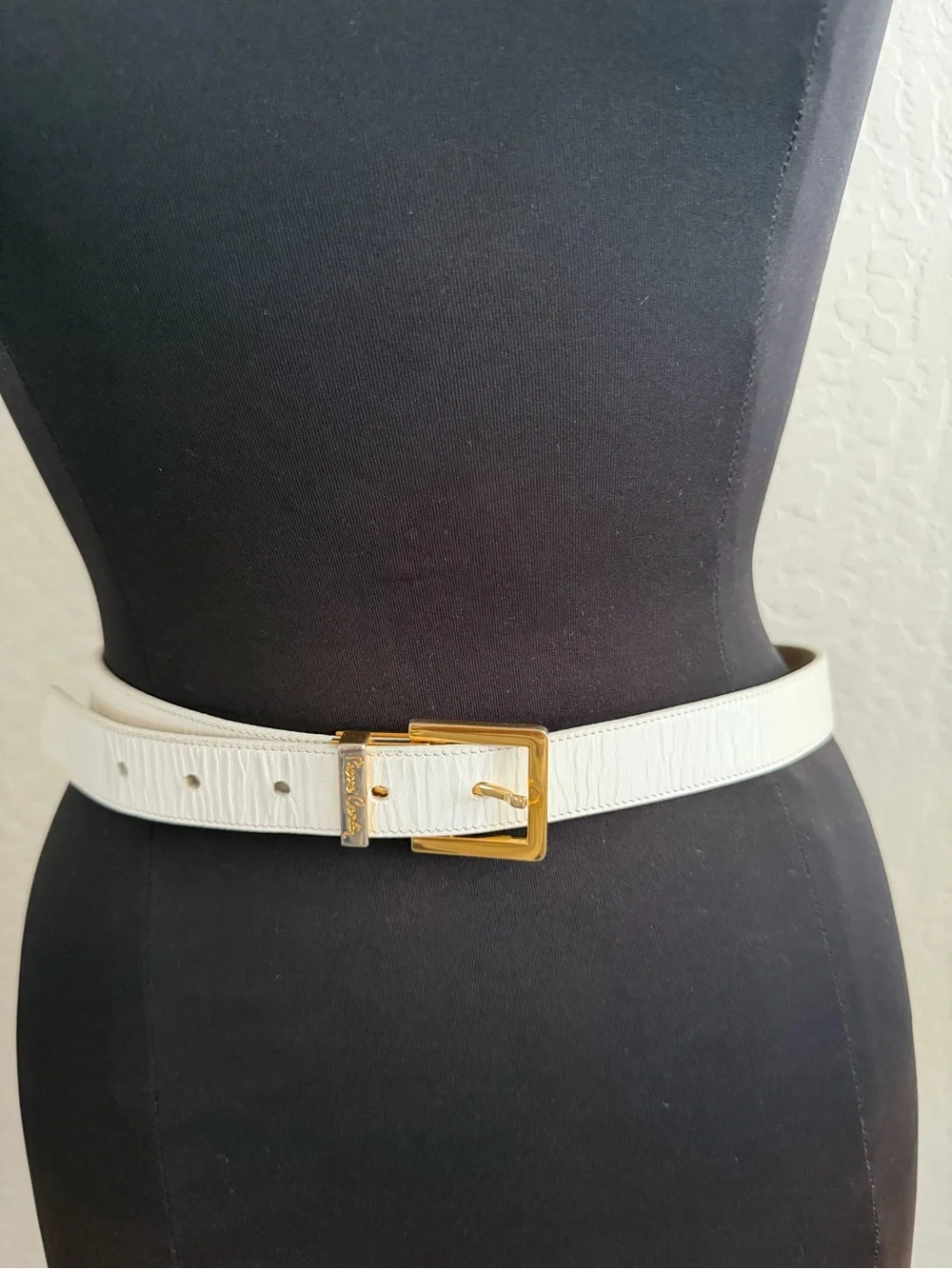 pierre cardin white belt textured, leather-and gold-tone buckle.